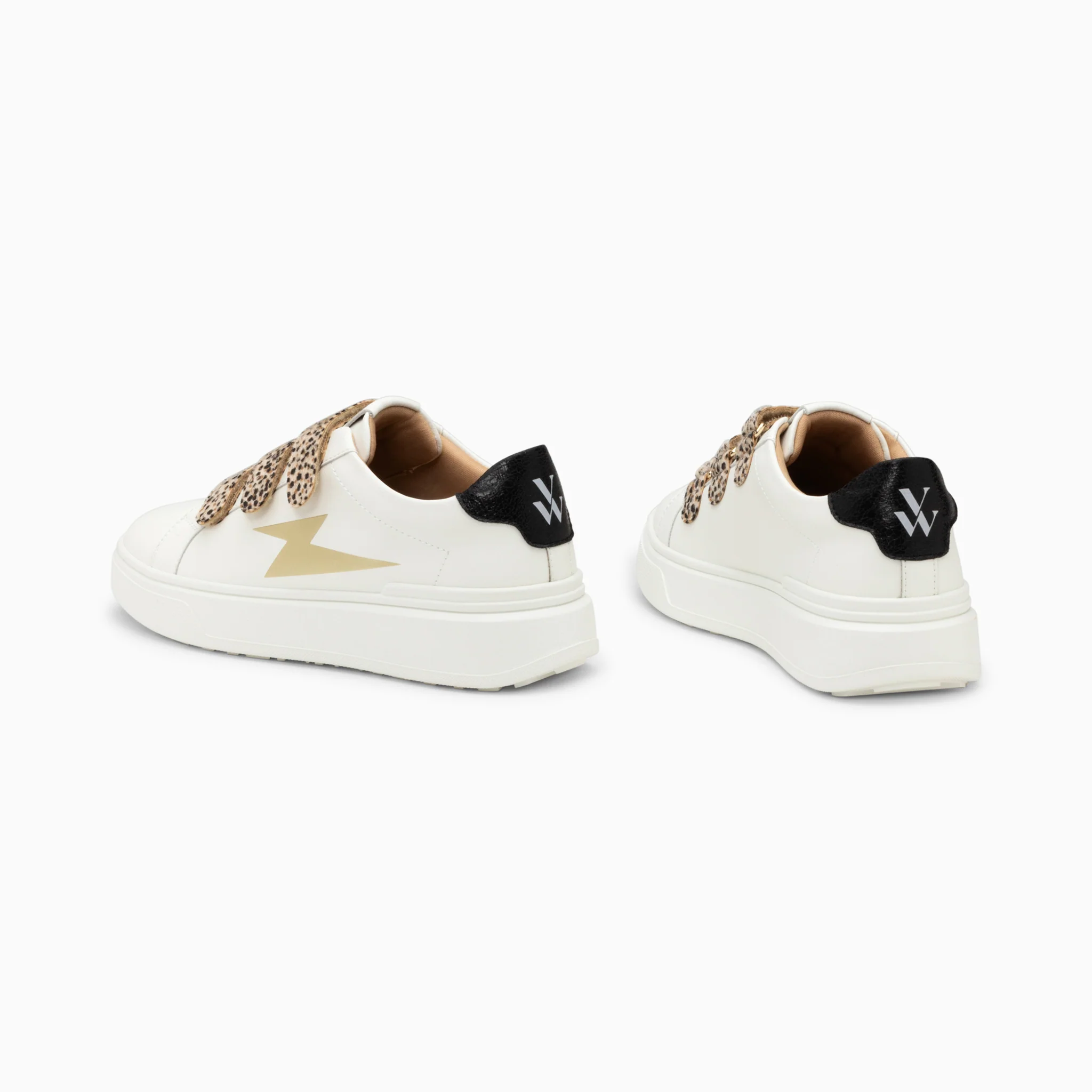 Sneakers-Baskets éclair Salomé blanc et or à scratchs guépard
