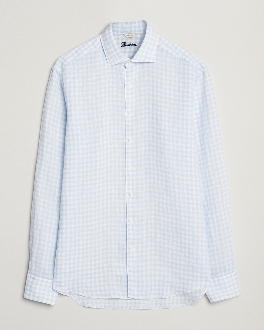 Stenströms Fitted Body Checked Linen Shirt Blue