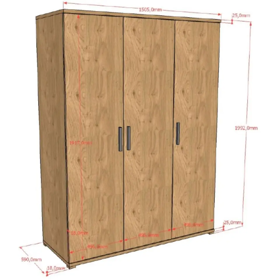 Kledingkast Sammie - 150x59x199cm - 3 deuren - eikdecor