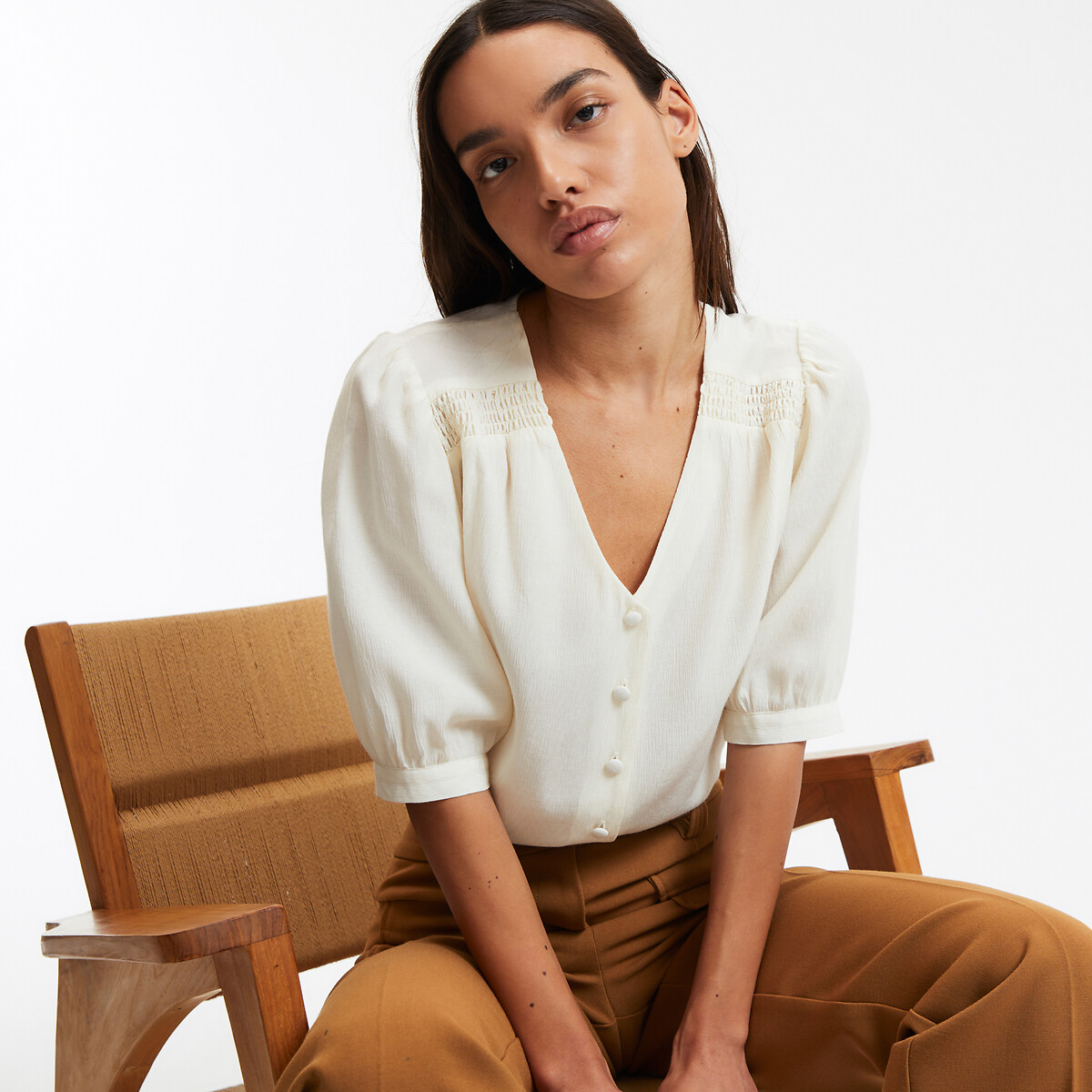 COLEÇÃO LA REDOUTE<br>Blusa fluida, decote em V, mangas curtas
