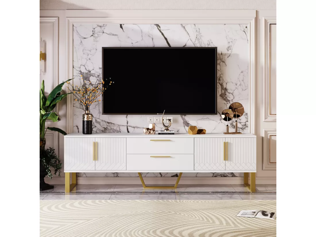 Meuble TV blanc brillant motif gravé avec poignées et pieds dorées 170*40*53cm YAURNUD WHITE