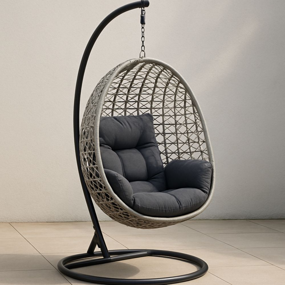 Hängesessel Rattan-Ei mit Stahlrahmen und Polyesterkissen Beige/Dunkelgrau/Schwarz