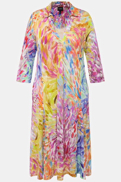 Slinky-Midikleid, Hemdkragen, V-Ausschnitt, 3/4-Arm