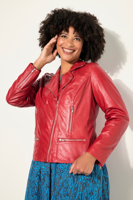 Leder-Bikerjacke, Kragen mit Druckknöpfen, Metallzipper
