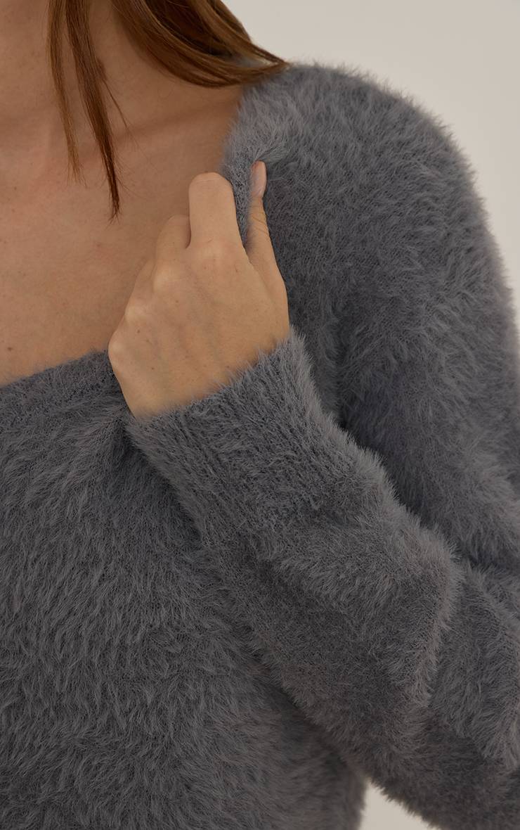 Gris Synthétiquell En Maille Duveteuse Col V Oversize
