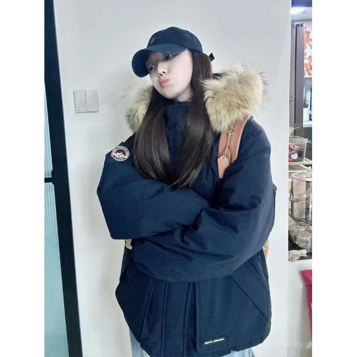 Sistyr - Fluffy Trim Hooded Plain Puffer Jacket met rits