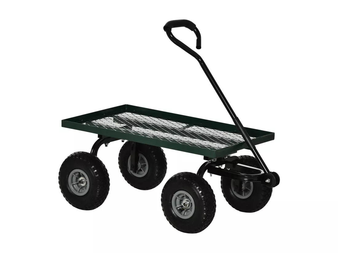 Chariot de transport jardin remorque à main charrette à bras 4 roues 94L x 48,5l x 100H cm charge max. 150 Kg métal vert
