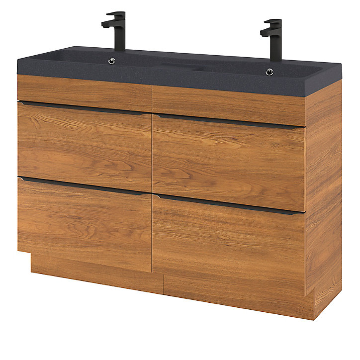 Ensemble salle de bains l.120 cm meuble à poser Imandra décor chêne foncé + plan vasque résine noir