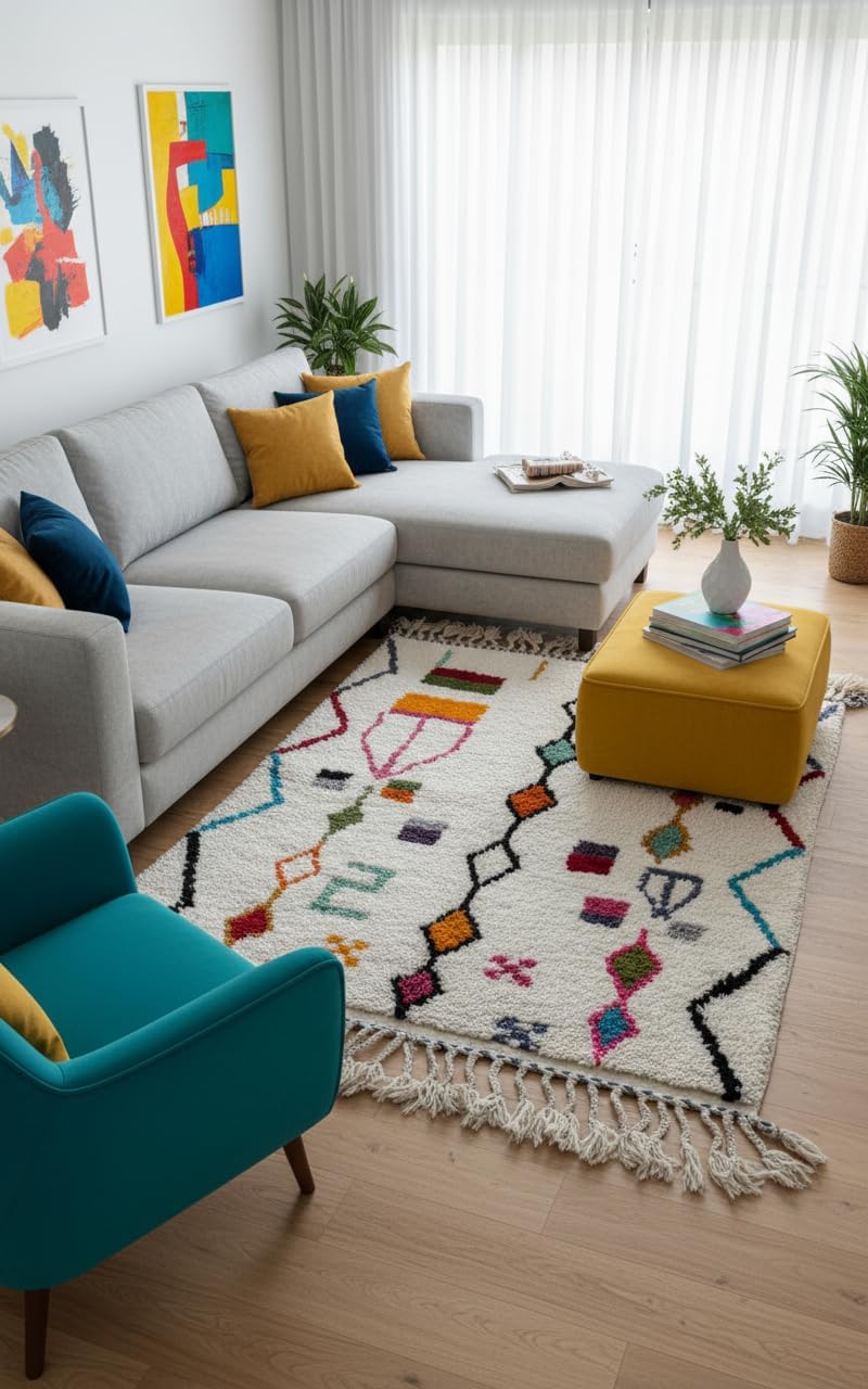 Marokkanischer Azilal-Wollteppich, handgefertigt, kleiner Flächenteppich (100 x 150 cm), weicher Berber-Überwurf, mehrfarbig, 100 x 150 cm
