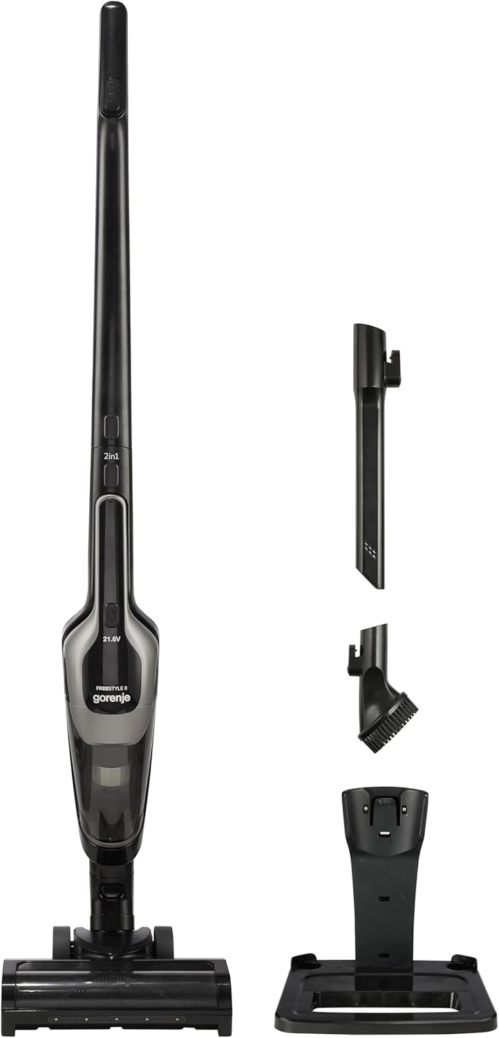 Gorenje SVC216110FSIIBKA Akku Staubsauger/Motorleistung: 132 W/Saugkraft: 26 W/Bis zu 55 min Laufzeit/Schmutz-Auffangbehälter: 0,6 Liter/Gewicht 2,9 Kg/Turbobürste/Extralanges und Flexibles Zubehör
