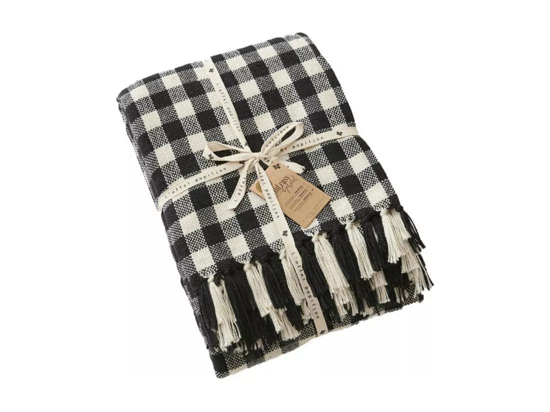 CHARLOT - Plaid à Franges 100% Recyclé Tissage Pieds de poule 130x160cm
