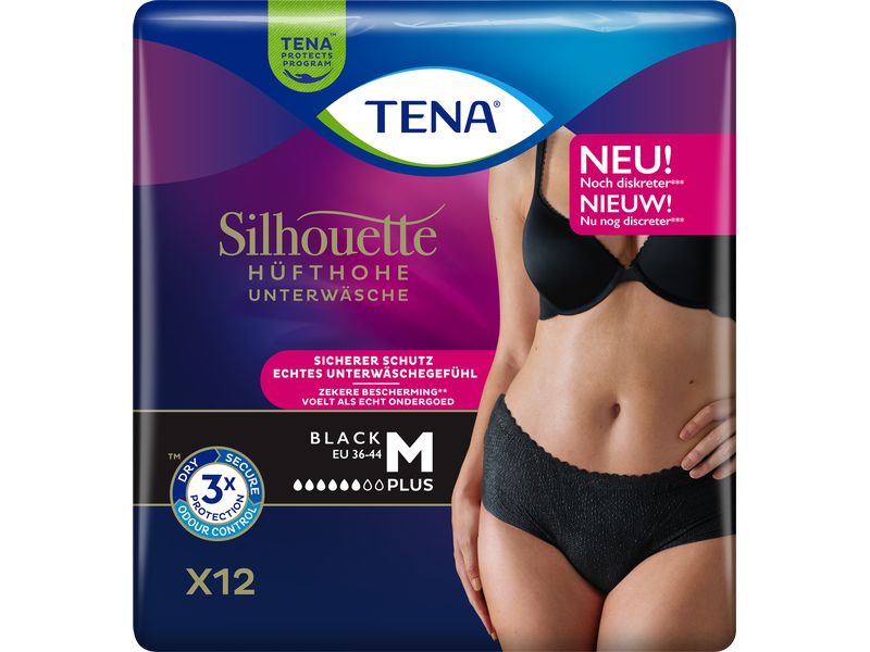 Tena Silhouette Plus Pants Black Medium 12 Stück Schützende Unterwäsche mit hoher Taille bei mittlerer bis schwerer Blasenschwäche