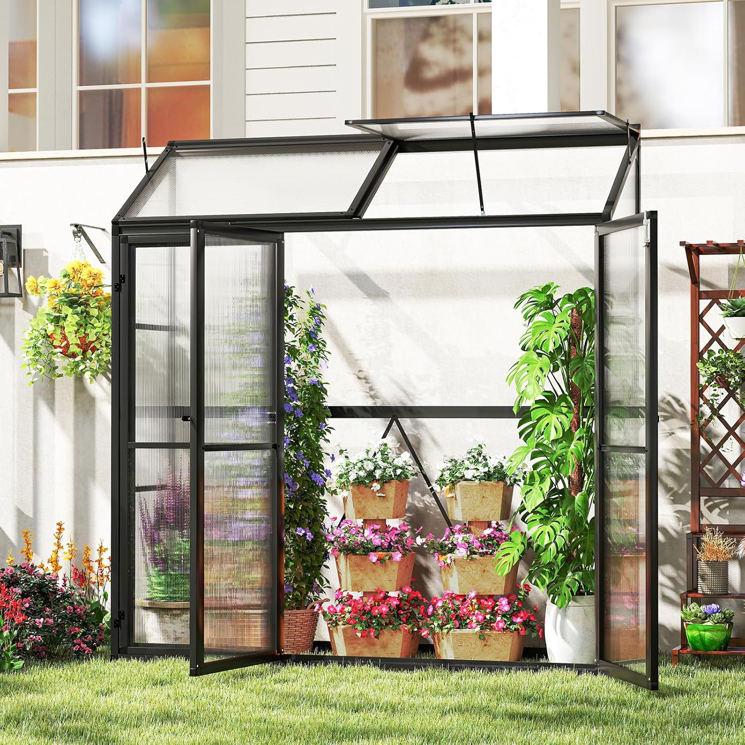 COSTWAY Gewächshaus, Anlehngewächshaus Tomaten, Treibhaus mit Oberlicht & 3 verschließbaren Türen, Aluminium, Beistell Tomatengewächshaus, Gartenhaus Pflanzenhaus groß, Schwarz, 180 x 52 x 190 cm