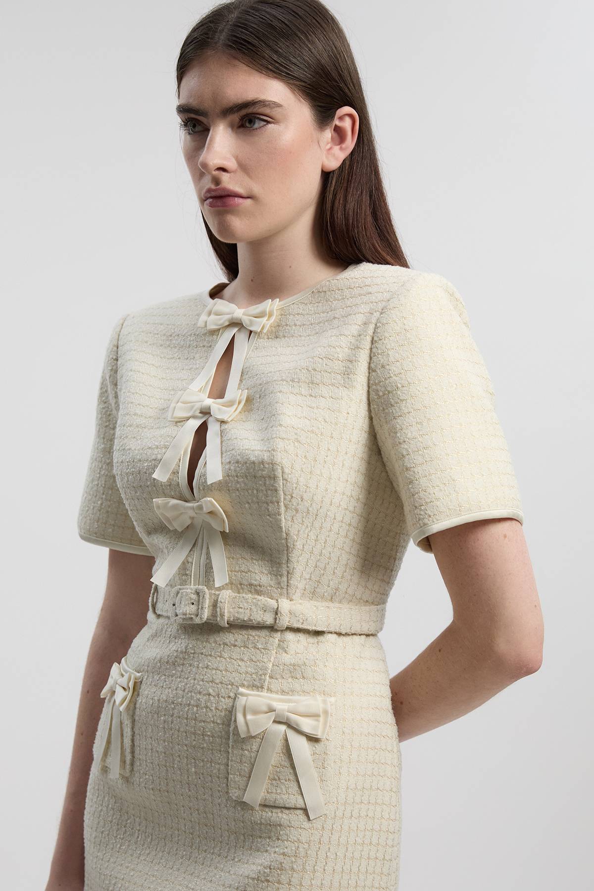 KarenMillen Robe Mini Ajustée en Tweed avec Détail Nœud - Taille Petite