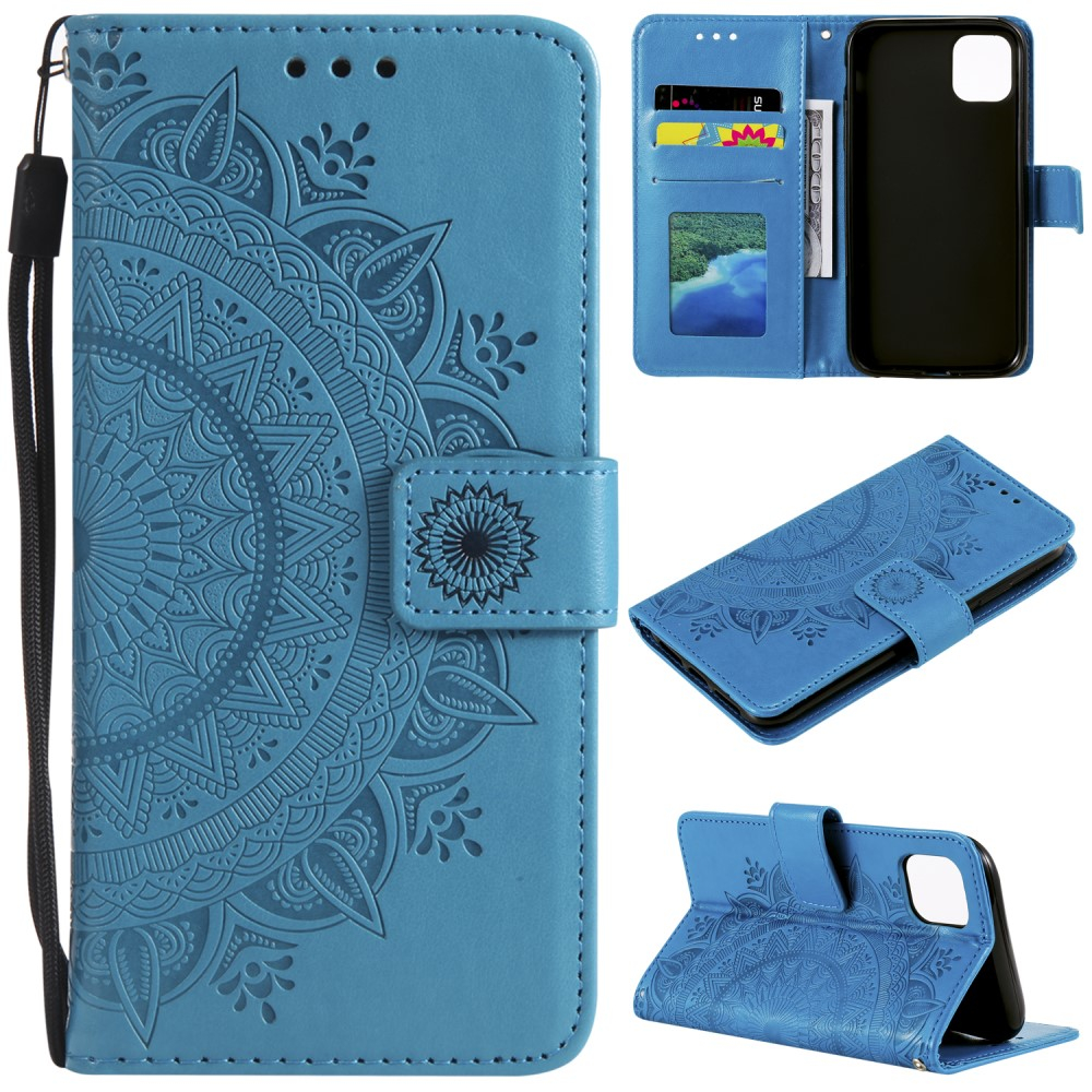 iPhone 13 Pro Leder Tasche Wallet - Mandala Flowers Imprint - Blau