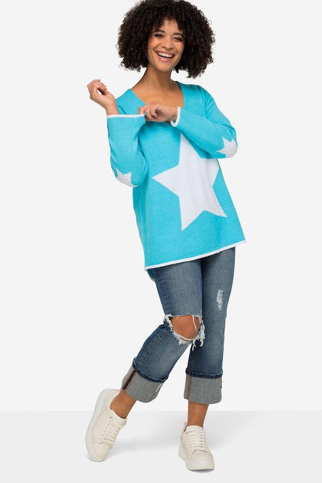 Pullover, oversized, Sterne, V-Ausschnitt, Langarm