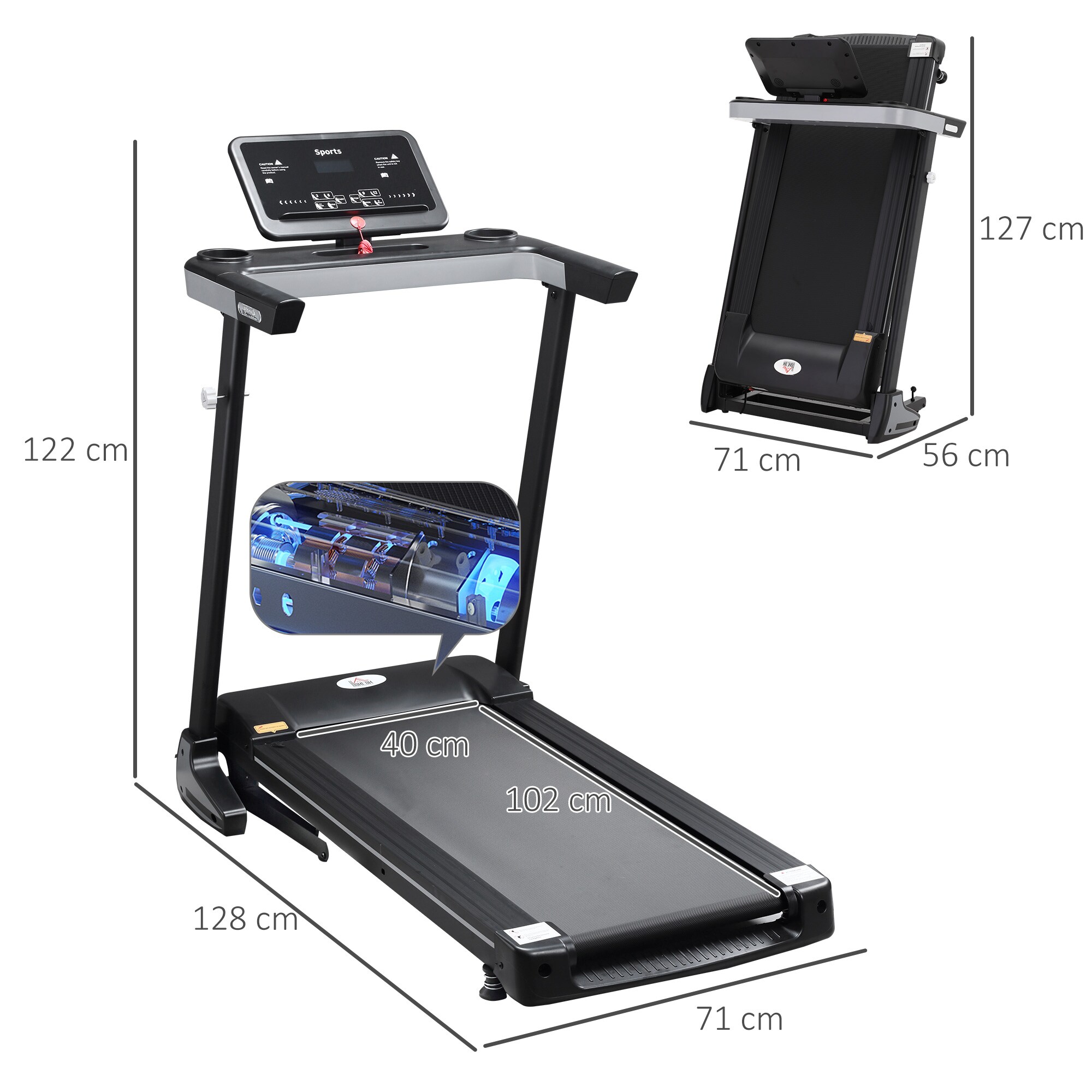 HOMCOM Laufband mit breitem LCD Display, Flaschenhalterung und Handyhalterung schwarz 71L x 128B x 122H cm