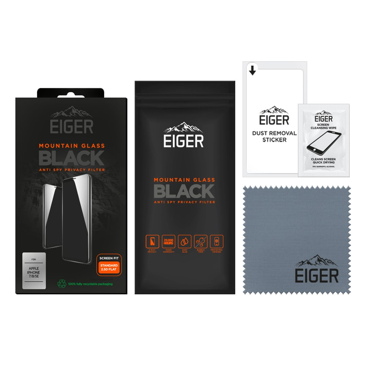 iPhone SE (2022/2020) / 8 / 7 / 6S Mountain Glass Black Panzerglas 2.5D Privacy Displayschutz Case Friendly (EGMSP00140)