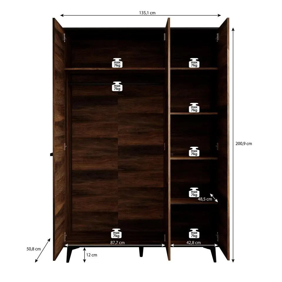 Meubella - Kledingkast Frey - Donker eiken - Zwart - 135 cm