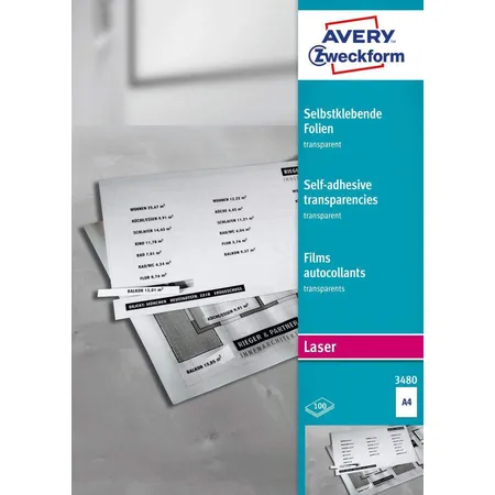 Avery Zweckform 3480 Transparente, selbstklebende Folien, DIN A4, einseitig beschichtet, 100 Bogen