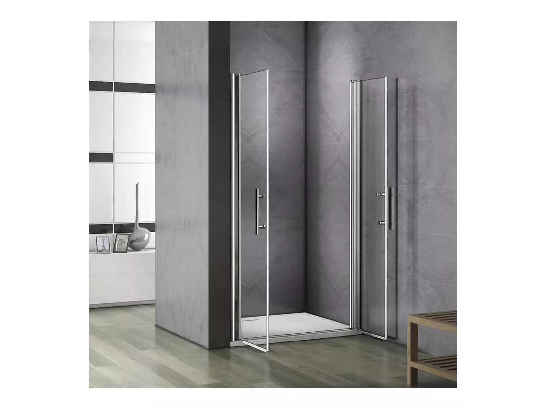 Porte de douche battante 90x187cm porte de douche pivotante à 180°, en verre 6mm anticalcaire, installation en niche