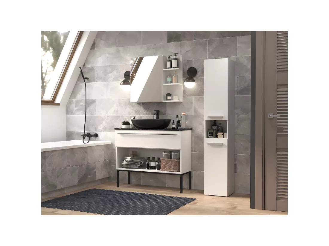 HORTI - Meuble salle de bain avec panier à linge - 31x30x174 cm - Colonne rangement SDB