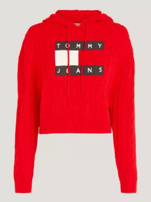 Moletom cropped com capuz e emblema de bandeira em tricô