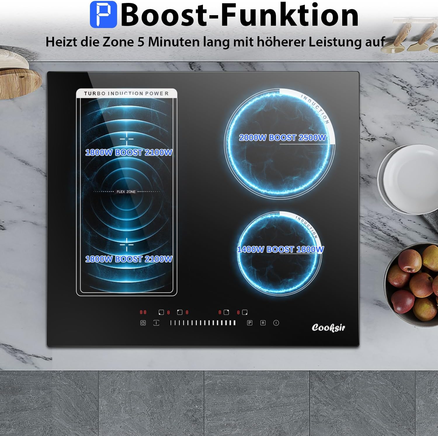 Induktionskochfeld 4 Platten mit Stecker, Kochfeld Autark, Einbau 59cm, 3500W, Kombizone für Grill, Slider-Touch-Steuerung, Schwarze Keramikglasplatte, 220V, 50Hz, 16A Steckerdose