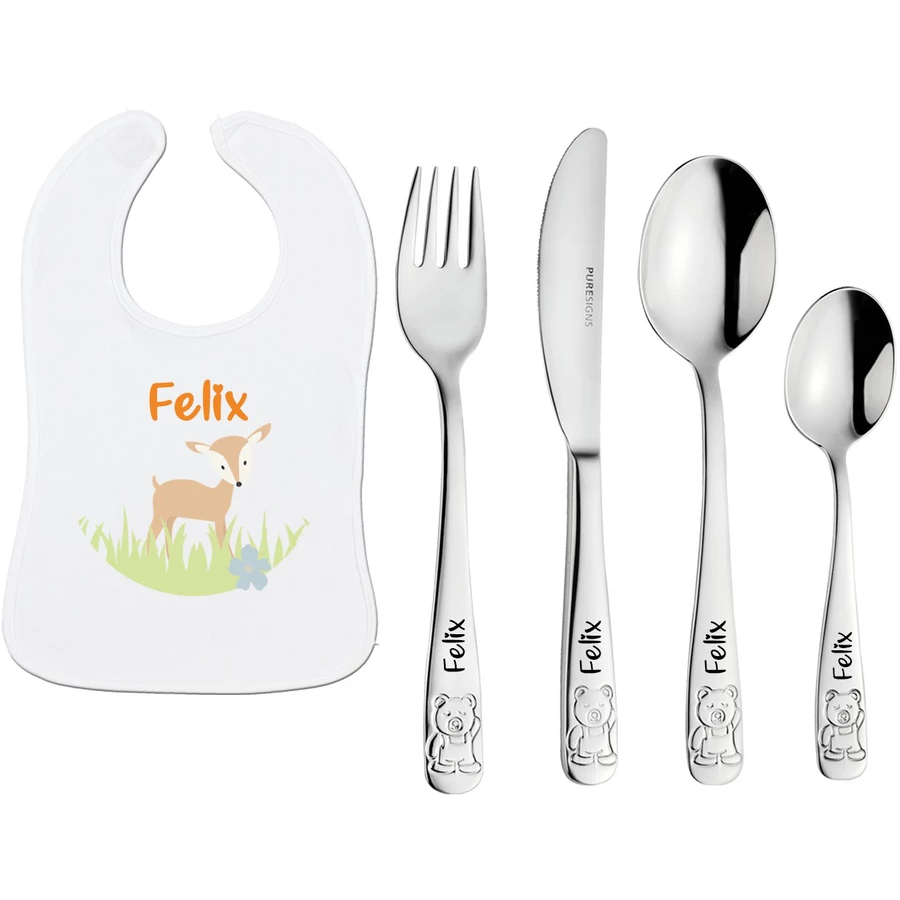Schnullireich Geschenkset mit Namen Teddy: Puresigns Kinderbesteck mit Gravur + Lätzchen Silber