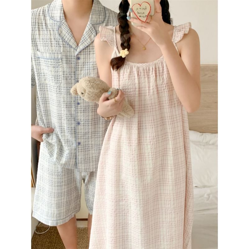 Tanee - Koppel bijpassende spaghettibandjes geruite pyjamajurk / top met korte mouwen / shorts / set