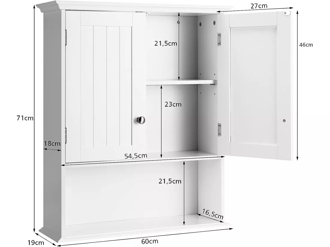 Meuble de salle de bain, armoire murale avec 2 portes et 3 étagères réglable，60x19x71cm