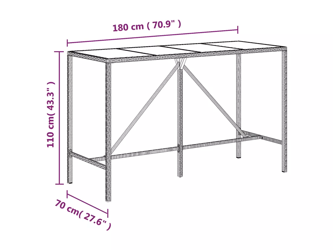 Prolenta Premium - Table de bar et dessus en verre gris 180x70x110 cm poly rotin