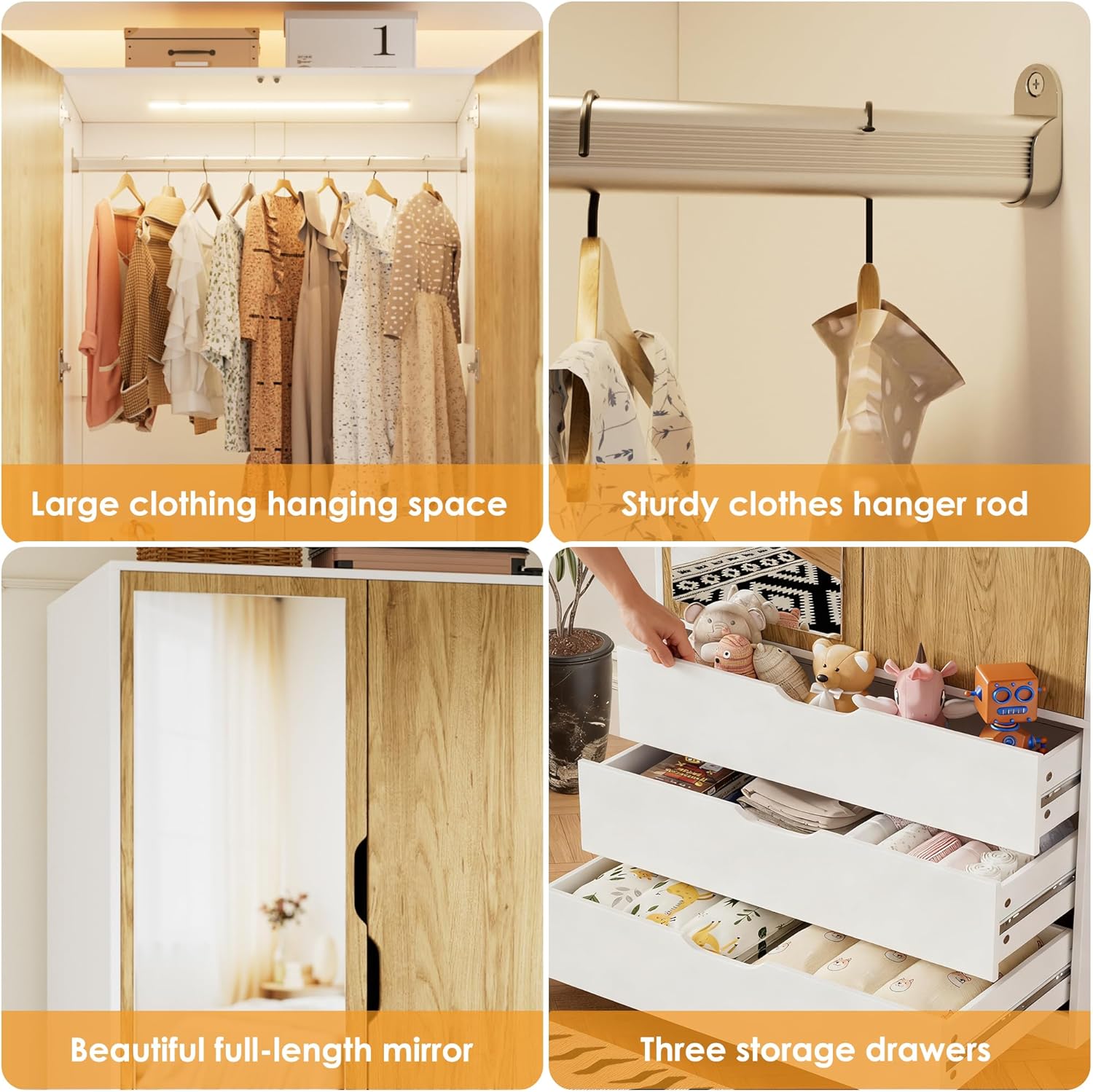 MSFE Armoire Chambre Penderie avec 2 Portes, Armoire Dressing Blanc avec Miroir, LED et 3 Tiroirs, Armoires de Rangement Bois pour Adulte Enfant, Garde-Robe Moderne 80 x 180 x 50 cm (L/H/P)