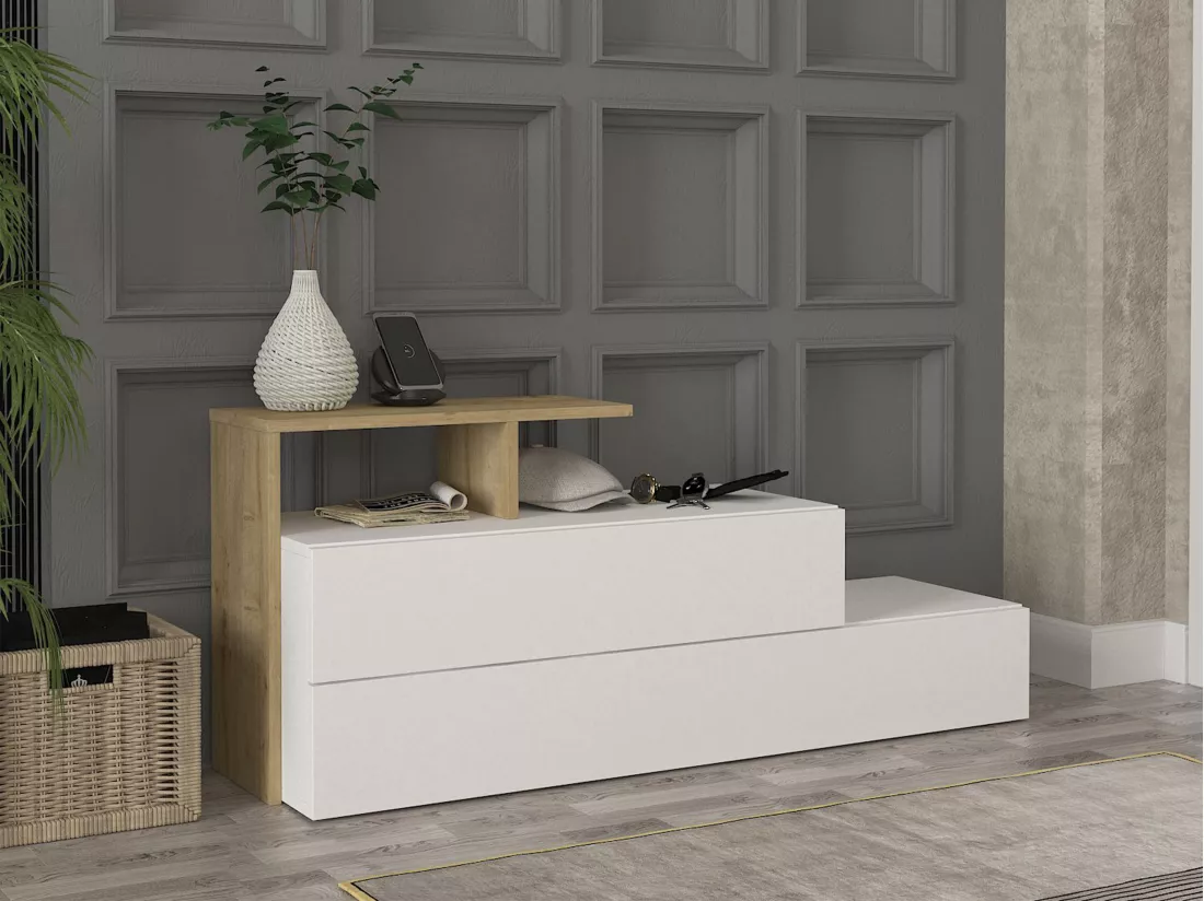 Meuble à chaussures avec 2 portes et 1 étagère - Blanc et Naturel - DAVISTA
