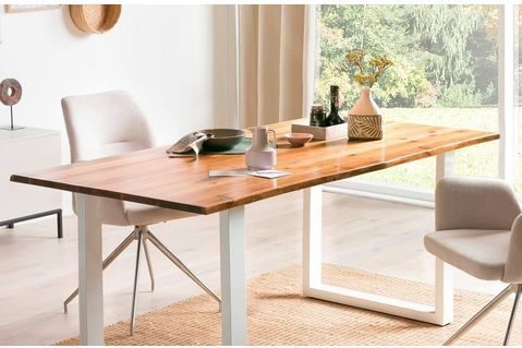 Eettafel - Acaciahout - U-frame - Wit Gelakt Metaal