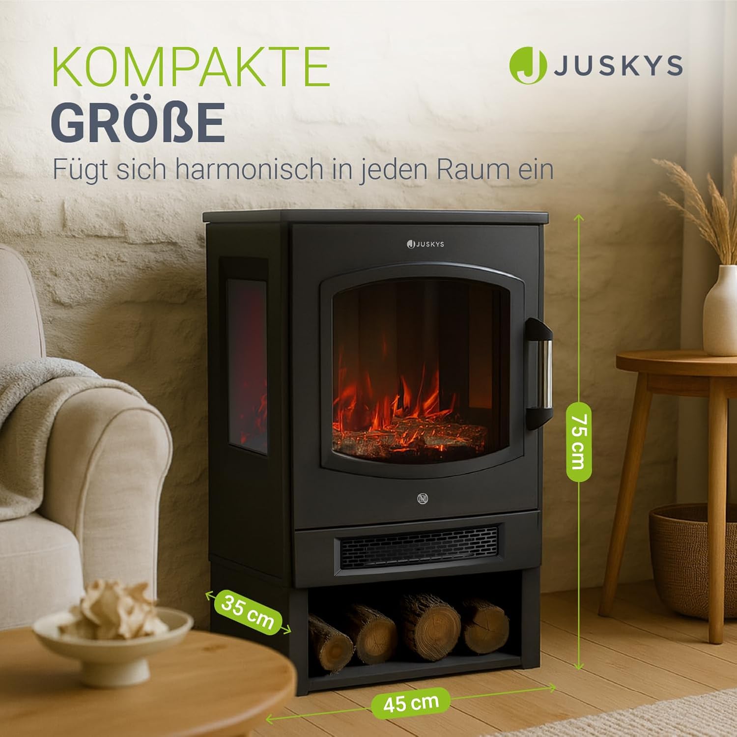 Juskys Elektrokamin 1800W – Schwarz, elektrischer Standkamin mit LED-Flammeneffekt, WLAN/App-Steuerung, Fernbedienung