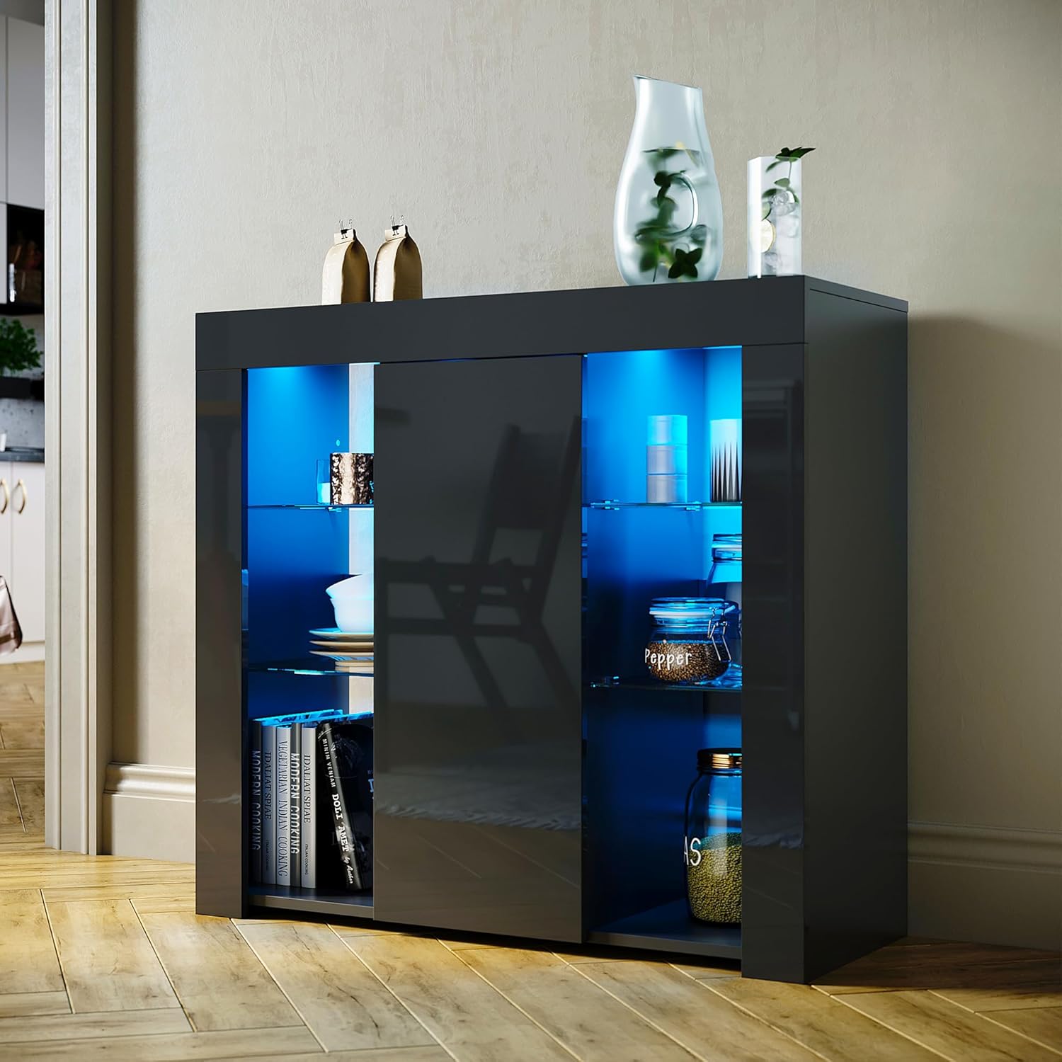 Kommode Sideboard mit LED-Leuchten Schwarz Beistellschrank mit 1 Türen und Offene Glas Regale modern Küchenschrank für Wohnzimmer 90 x 35 x 83cm