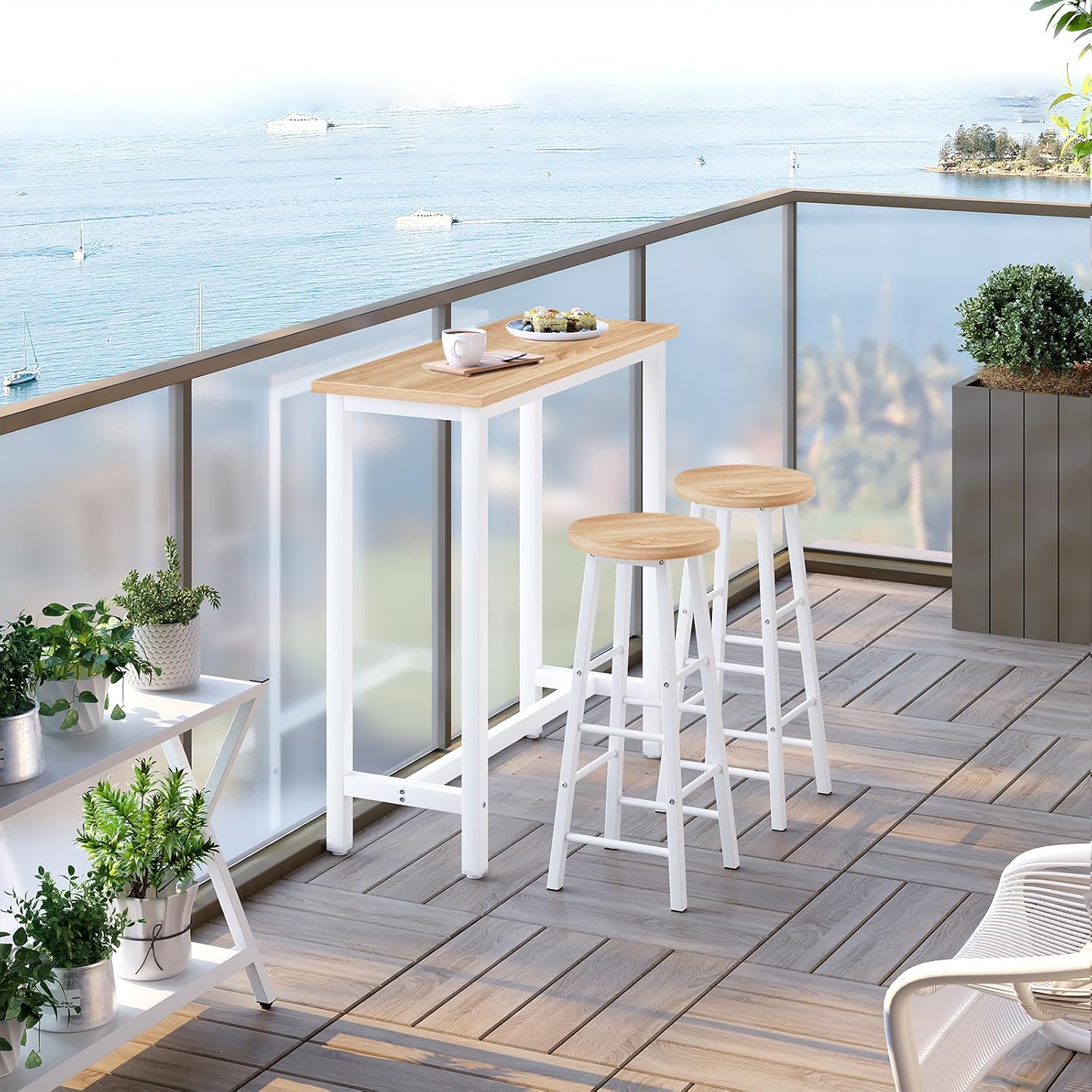 WOLTU Bartisch Set mit 2 Barhockern, 3-teilige Essgruppe mit Küchenstühlen, Esstisch & 2 Hockern aus Metall & Holz für Küchen Wohnzimmer, Hell Eiche