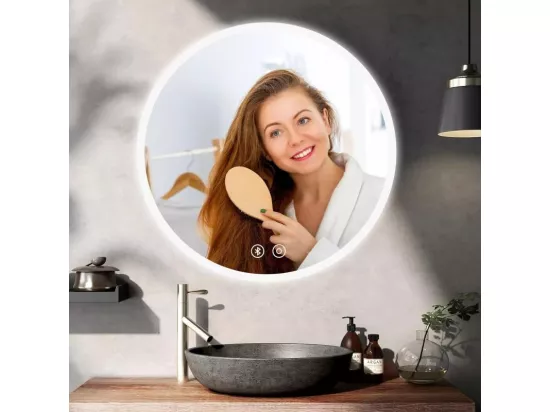 Miroir de salle de bain rond avec éclairage, miroir LED avec interrupteur tactile, anti-buée, luminosité variable, 60x60cm