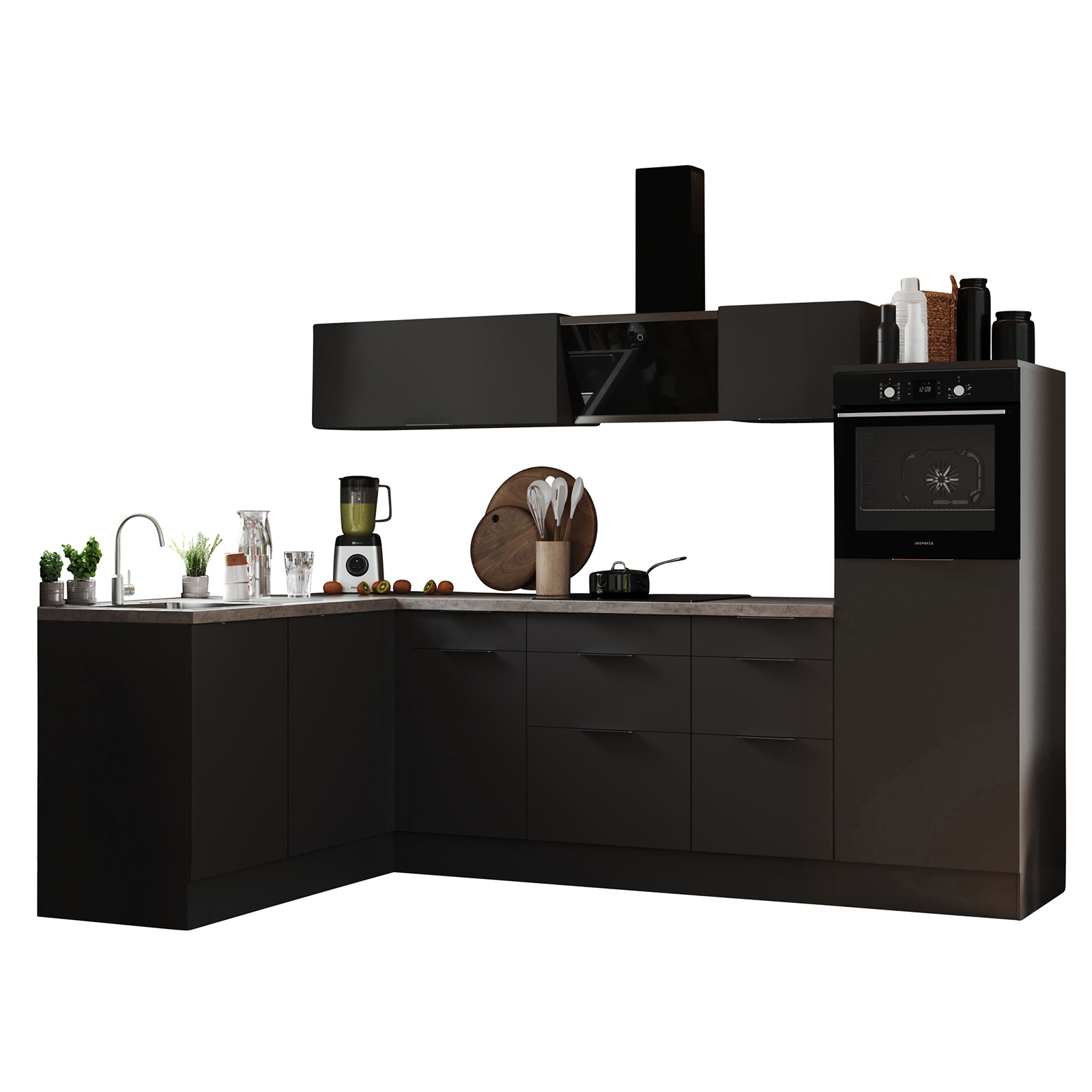 RESPEKTA Winkelküche - grau matt - mit E-Geräten - 280x175 cm