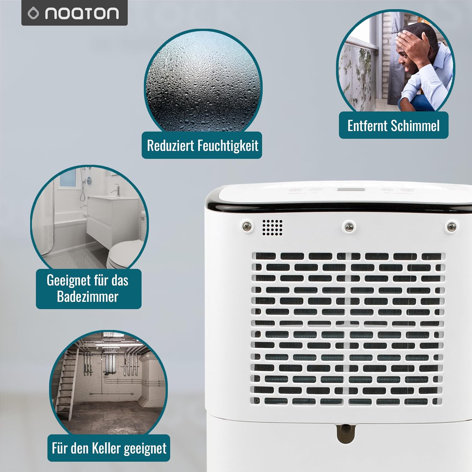 Déshumidificateur Noaton DF 4112, max 13L/24h, taille de la pièce env. 65 m³ (~25 m²), 190 W, réservoir d'eau de 2,5l, tuyau d'évacuation, minuterie, avec capteur d'humidité - Contre la moisissure