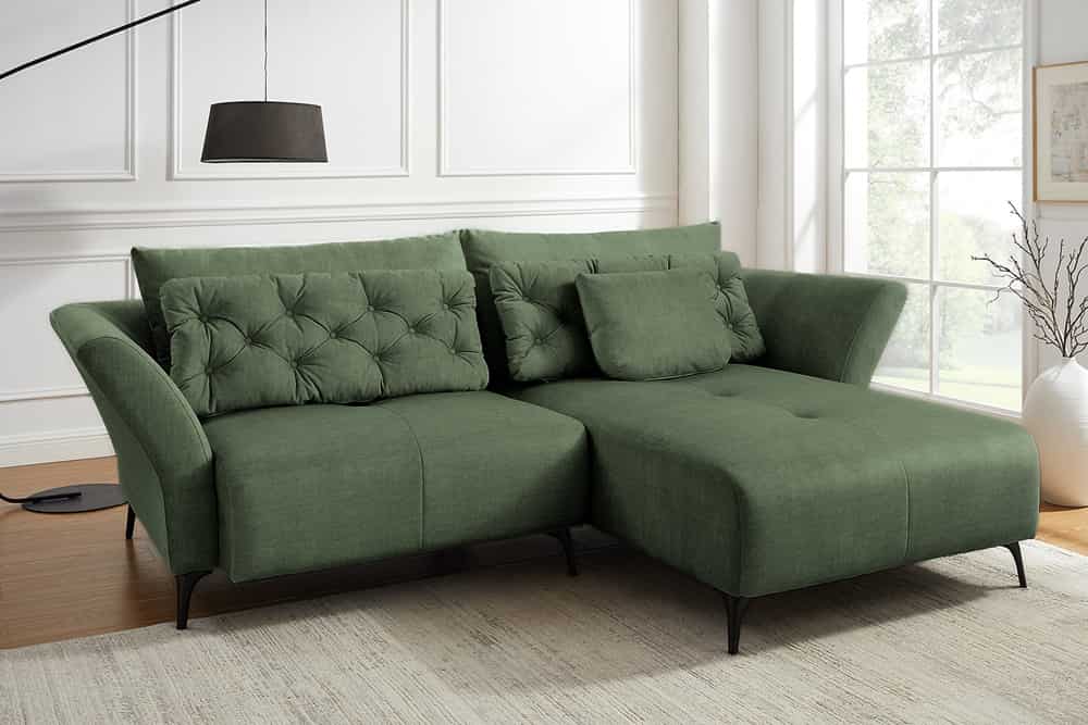 Modernes Ecksofa MARRAKESCH 265cm grün Samt 3-Sitzer inkl. Kissen Ottomane rechts