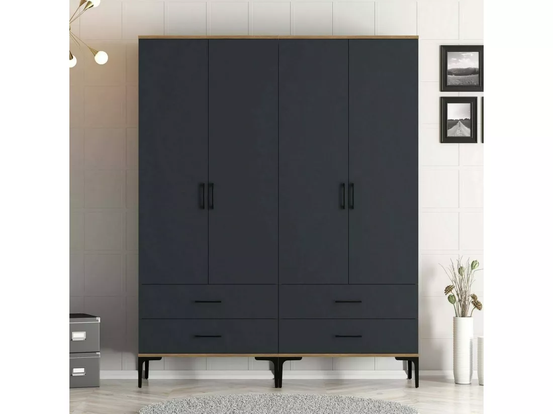 Grande Garde-robe Dfurlott, Meubles de chambre, Penderie de plain-pied, Placard à vêtements, 160x201h48 cm, Noyer et Anthracite