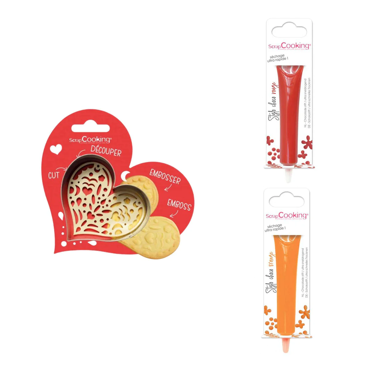 Kit pour biscuit en relief Coeur + 2 Stylos au chocolat rouge et orang