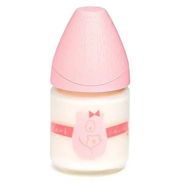 Mamadeira de vidro Suavinex Meaningful Life com estampa de urso rosa, 120ml