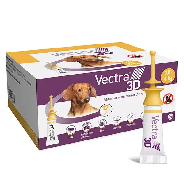 Solução Vectra® 3D spot-on para cães com peso entre 1,5 e 4 kg, 12 pipetas.