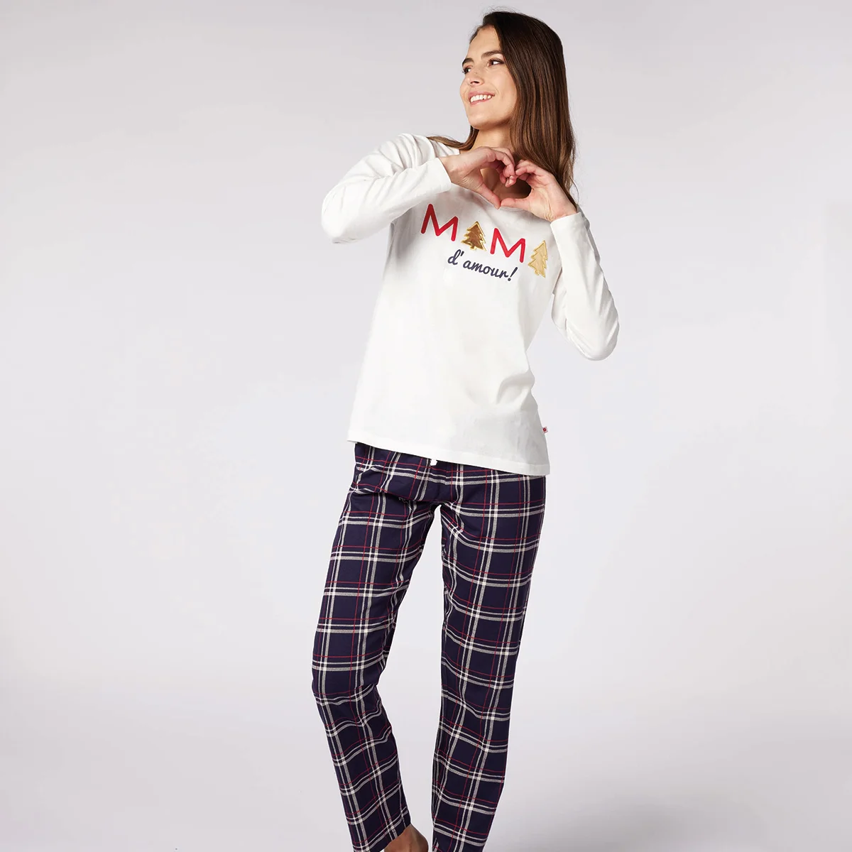 Pyjama femme DOUCE NUIT écru/marine carreaux