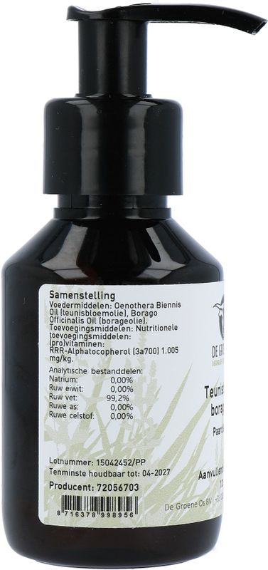 De Groene Os - Teunisbloem-Borageolie - Dierensupplement - 100ml - Plantaardig
