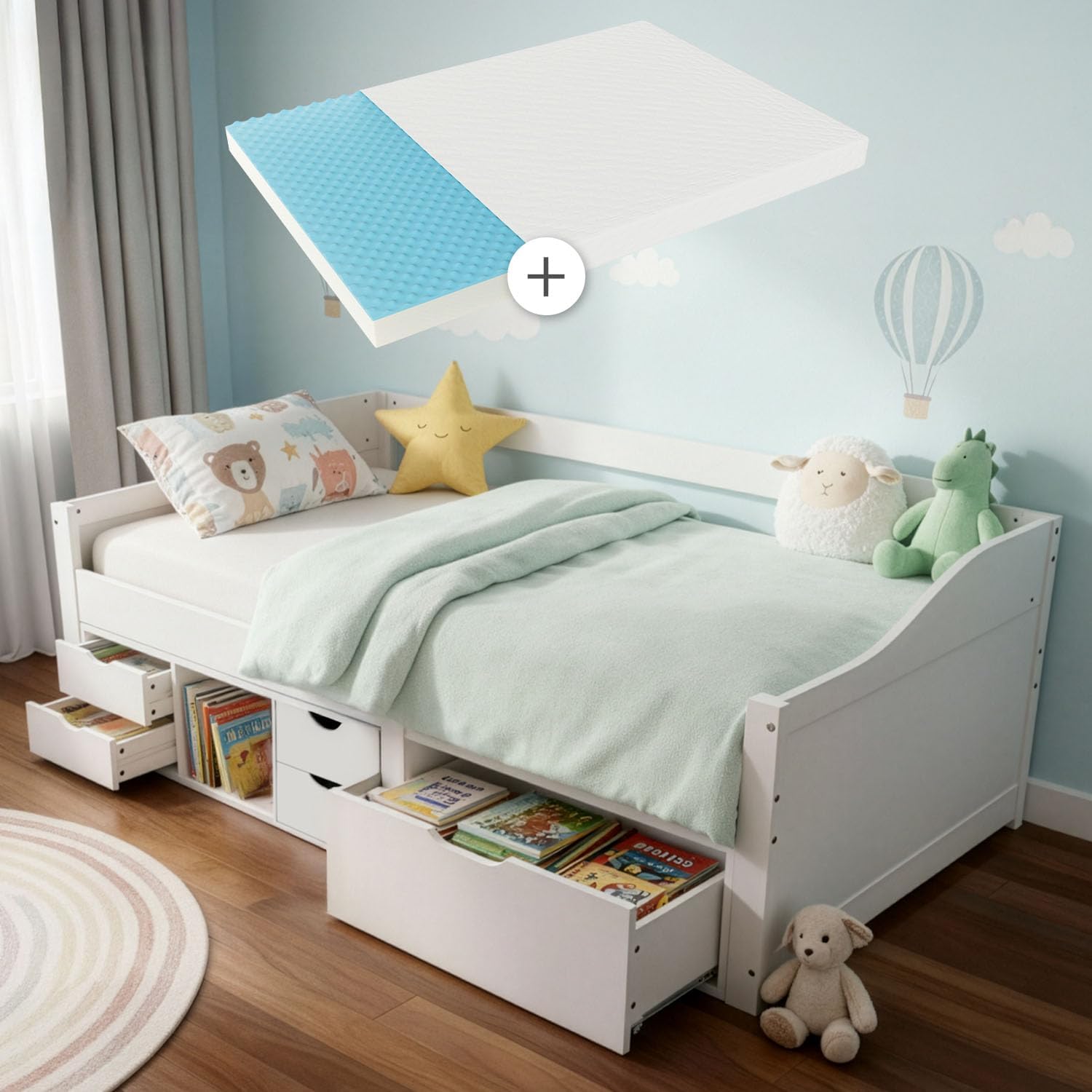 Juskys Funktionsbett Nalu 90x200 cm - Holz Bett mit Matratze, Lattenrost & Schubladen - Stauraumbett für Kinder - Jugendbett, Kinderbett - Weiß
