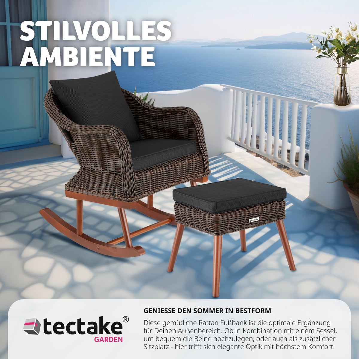 tectake Vibo rotan voetenbank, natuurlijk imitatieweefsel met aluminium frame, 54,5 x 44,5 x 46,5 cm